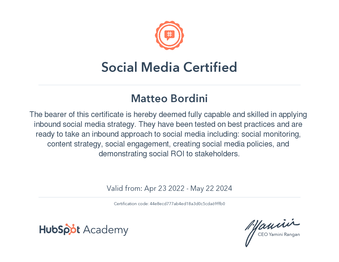 Certificato HubSpot Academy