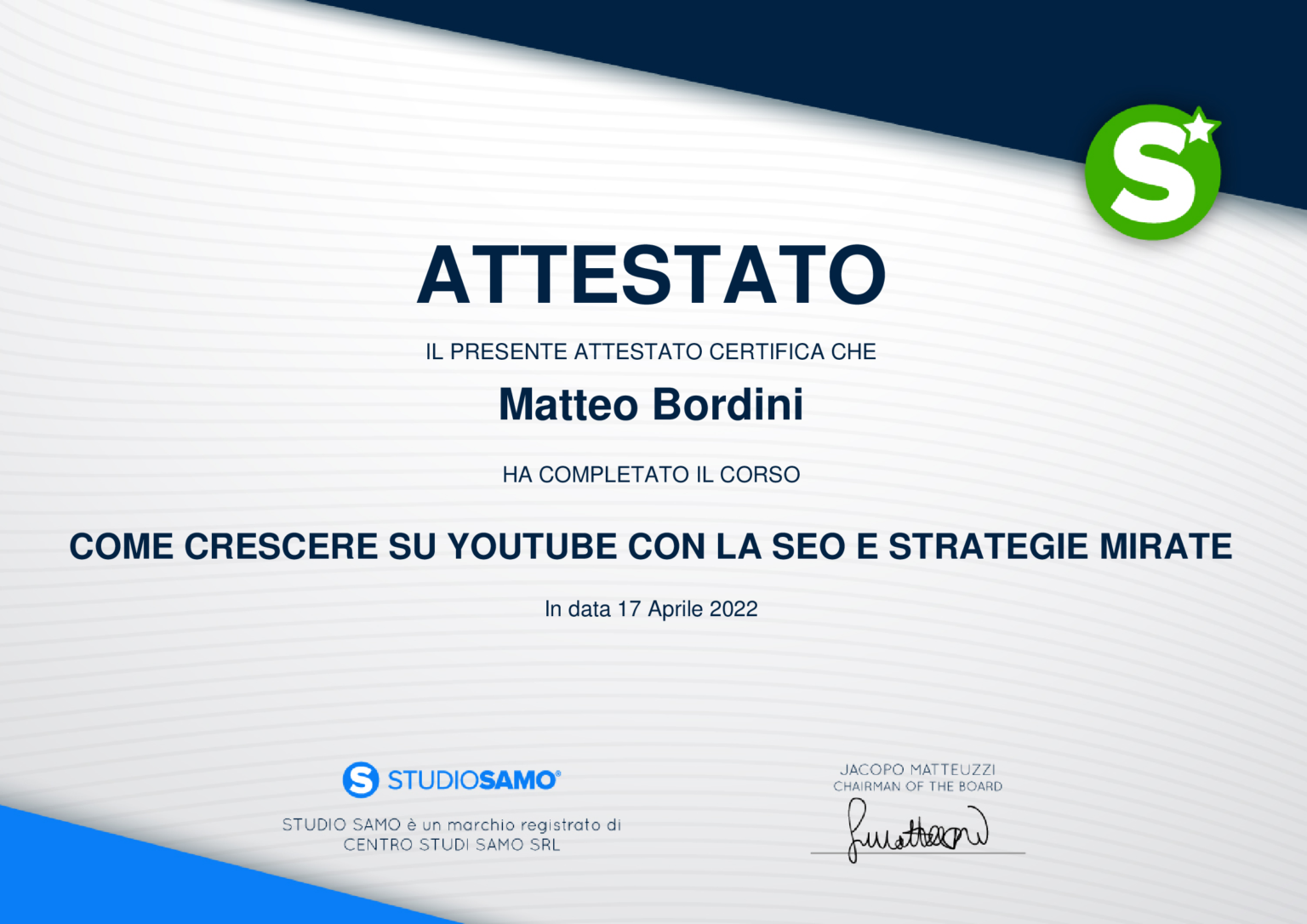 Certificato-di-completamento_Come-crescere-su-Youtube-con-la-SEO-e-strategie-mirate_Matteo-Bordini